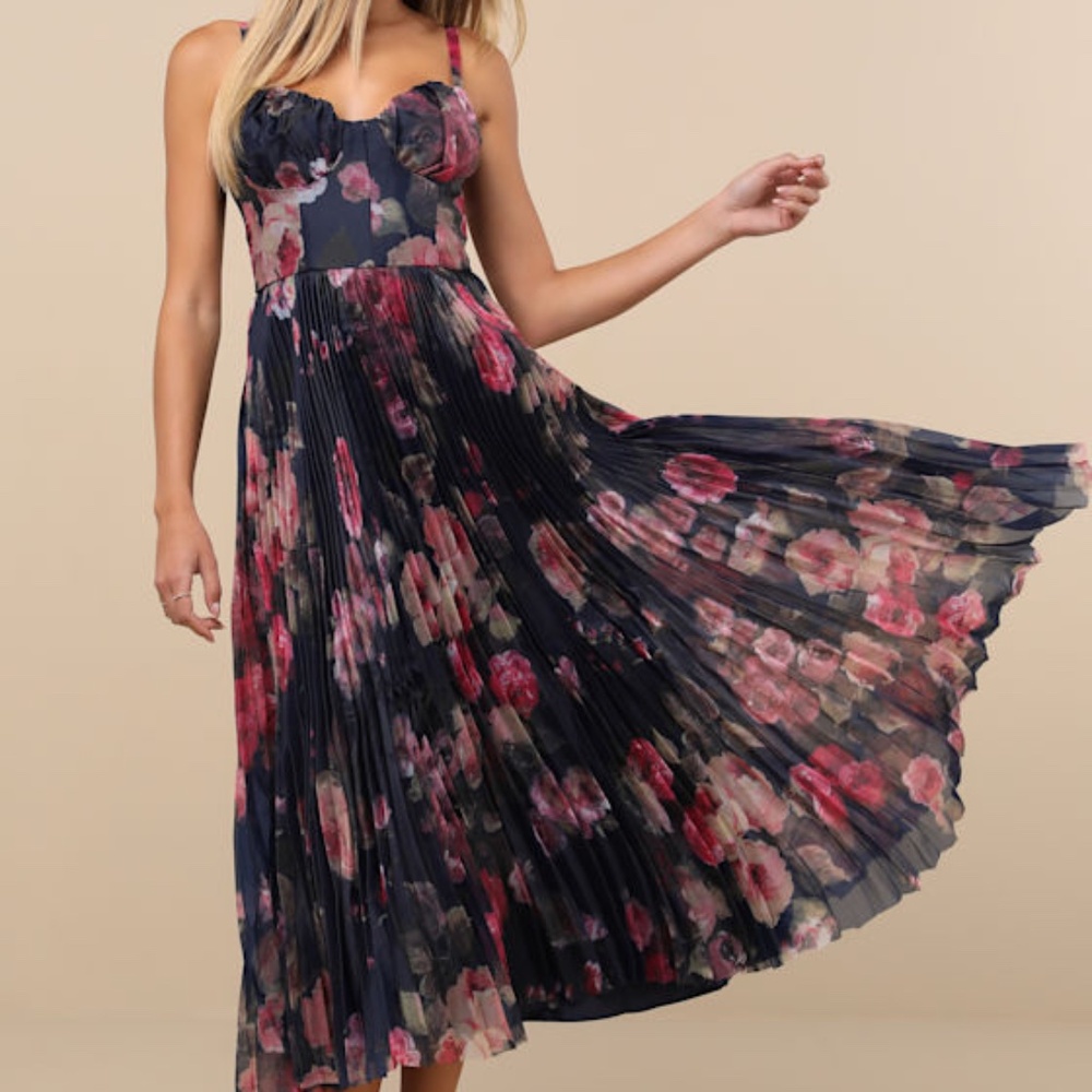 Lulu's Navy Floral Pleated Midi Dress with Pink & Red Blooms